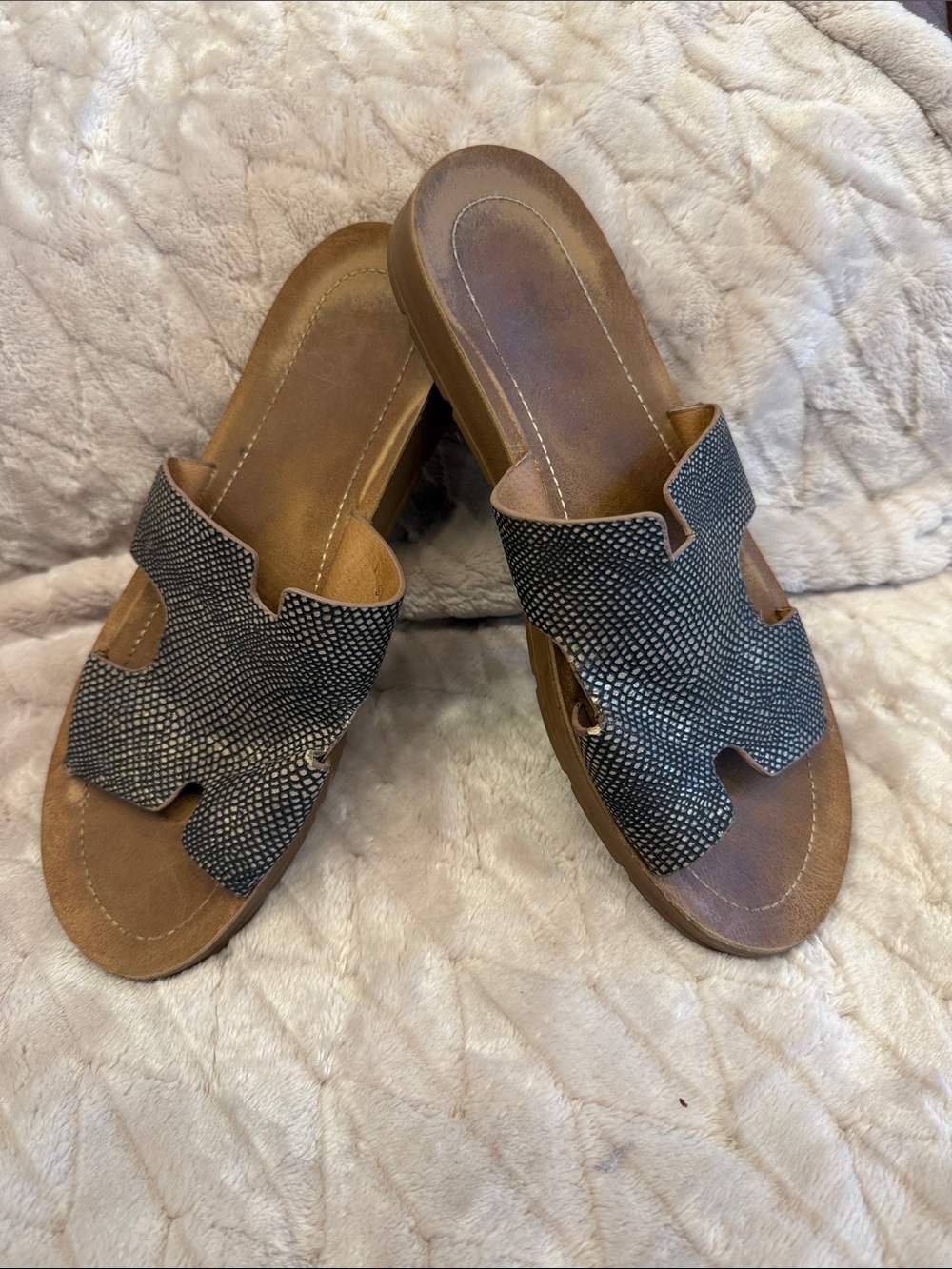 Corkys Black Textured Slide Sandals with Brown Footbed